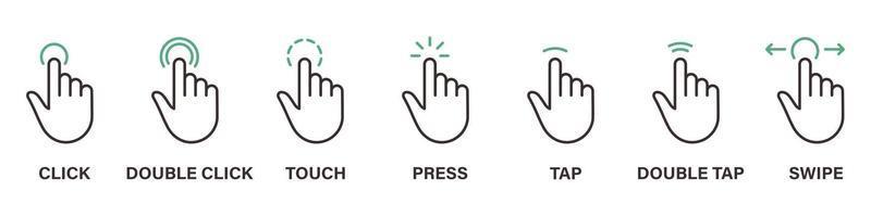 Hand Finger Touch, Swipe, Click, Press and Tap Line Icon Set. Double Click and Tap Sign. Gesture Slide Left and Right Outline Icon. Editable Stroke. Isolated Vector Illustration.