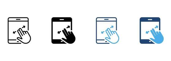 Zoom Action on Device Display Pictogram. Swipe on Tablet Line and Silhouette Color Icon Set. Scroll Up in Digital Electronic Symbol on White Background. Move Screen Sign. Isolated Vector Illustration.