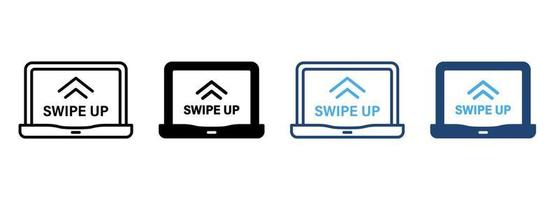 Swipe Up in Laptop Line and Silhouette Color Icon Set. Gesture Up on Computer Touch Screen Pictogram. Move, Drag Action on Device Symbol Collection on White Background. Isolated Vector Illustration.