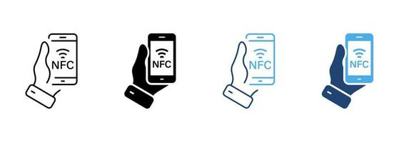 tecnología nfc en línea de teléfono móvil y conjunto de iconos de silueta. mano sostenga el pago sin contacto del teléfono inteligente para el pictograma. colección de símbolos de onda de pago sobre fondo blanco. ilustración vectorial aislada. vector