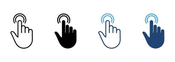 Double Click Gesture Line and Silhouette Color Icon Set. Hand Cursor of Computer Mouse Pictogram. Swipe Press Touch Point Tap Symbol Collection on White Background. Isolated Vector Illustration.