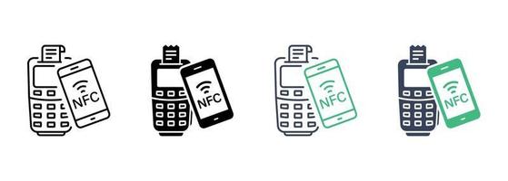 Payment By Smartphone on POS Line and Silhouette Icon Set. Contactless NFC Technology Pictogram. Cashless Transaction by Mobile Phone Symbol Collection. Isolated Vector Illustration.