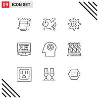 Pack of 9 Modern Outlines Signs and Symbols for Web Print Media such as time face cog design monitor Editable Vector Design Elements