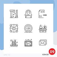 Group of 9 Modern Outlines Set for sea lifebuoy islam beach development Editable Vector Design Elements