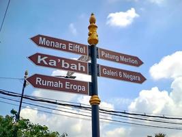 Conceptual Road Sign against the bright Blue Sky in the Indonesian madiun city park. photo
