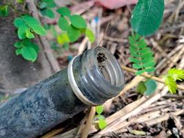 botellas de jarabe usadas incrustadas en el suelo con hierba verde entre las botellas. foto