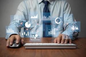 Big data analytics and business intelligence, business analytics concept with chart and graph icons on a digital screen interface with key performance indicators financial market report. photo