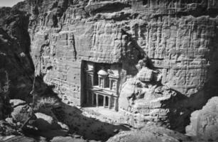 Black and white photo of Petra, Jordan