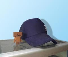 hat and wooden doll isolated on white blue gradient background photo