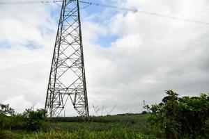 Powerline tower in field photo
