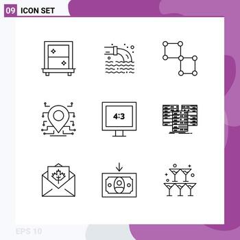 Modern Set of 9 Outlines and symbols such as tv aspect ratio connection security processor Editable Vector Design Elements
