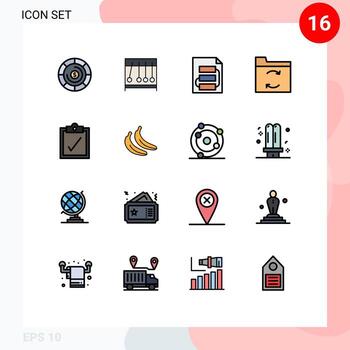 Paquete de 16 líneas llenas de color plano de la interfaz de usuario de signos y símbolos modernos de copia de seguridad de sincronización de archivos completos de banana elementos de diseño de vectores creativos editables