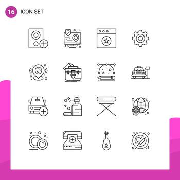 16 símbolos de signos de contorno universal de interfaz de engranaje pin elementos de diseño de vector editables de mac general