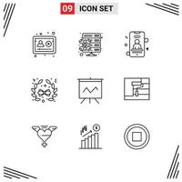 Pack of 9 Modern Outlines Signs and Symbols for Web Print Media such as presentation analytics mobile decoration bow Editable Vector Design Elements