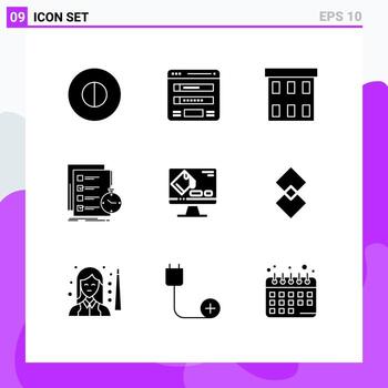 Mobile Interface Solid Glyph Set of 9 Pictograms of time list building task office Editable Vector Design Elements