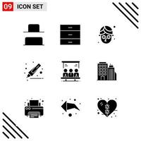conjunto perfecto de píxeles de 9 iconos sólidos conjunto de iconos de glifos para el diseño de sitios web y la interfaz de aplicaciones móviles vector