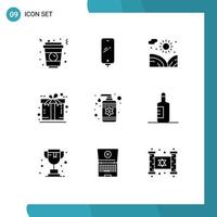 Pack of 9 Modern Solid Glyphs Signs and Symbols for Web Print Media such as drop gift battery free water Editable Vector Design Elements