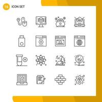 Set of 16 Modern UI Icons Symbols Signs for web setting insurance laptop saving Editable Vector Design Elements