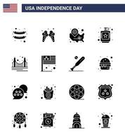 paquete de glifos sólidos de 16 símbolos del día de la independencia de EE. UU. De los estados de la cadera del puente matraz elementos de diseño vectorial del día de EE. UU. editables alcohólicos vector