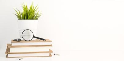 Stack of books with magnifier near and flower on top.Beginning of school year concept. photo