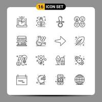 Group of 16 Modern Outlines Set for sad emojis ecology kids dummy Editable Vector Design Elements