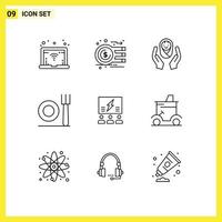 Pack of 9 Modern Outlines Signs and Symbols for Web Print Media such as idea brainstorming baby care restaurant fork Editable Vector Design Elements