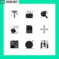 Group of 9 Solid Glyphs Signs and Symbols for floppy disc leaf play dices Editable Vector Design Elements