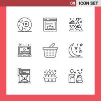 Group of 9 Outlines Signs and Symbols for shopping cart basket mountain marketing player Editable Vector Design Elements