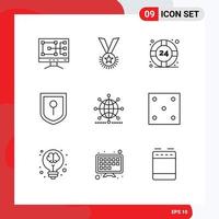 Group of 9 Outlines Signs and Symbols for network globe ribbon security help desk Editable Vector Design Elements