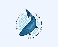 blue fish rounded emblem logo design template vector