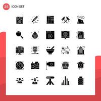 Set of 25 Vector Solid Glyphs on Grid for volcano dangerous page firefighter axe Editable Vector Design Elements