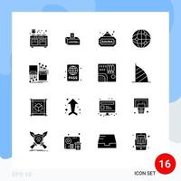 conjunto de glifos sólidos de interfaz móvil de 16 pictogramas de elementos de diseño vectorial editables de signo mundial de influencia de globo digital vector