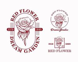 plantillas de diseño de logotipo de emblema dibujado a mano de flor roja
