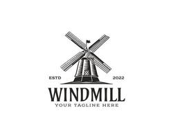 Vintage Rustic Windmill Logo Vector Illustration. Bakery Emblem Design