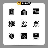 Set of 9 Commercial Solid Glyphs pack for atom lab interface science develop Editable Vector Design Elements