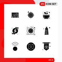 Pack of 9 creative Solid Glyphs of investment chargeback target back spa Editable Vector Design Elements