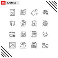 Pack of 16 Modern Outlines Signs and Symbols for Web Print Media such as dryer transfer fatty acid share omega Editable Vector Design Elements