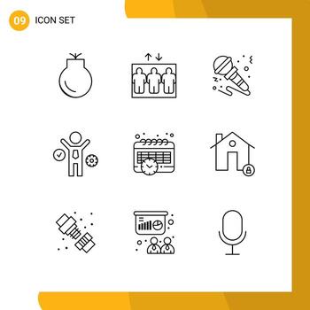 conjunto de pictogramas de 9 esquemas simples de tiempo calendario proceso de micrófono elementos de diseño vectorial editables de negocios vector