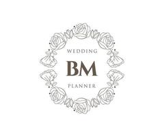 colección de logotipos de monograma de boda con letras iniciales bm, plantillas florales y minimalistas modernas dibujadas a mano para tarjetas de invitación, guardar la fecha, identidad elegante para restaurante, boutique, café en vector