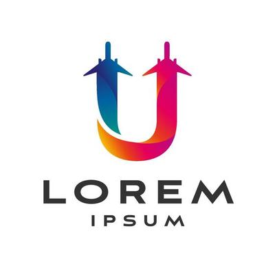 Abstract Letter U Travel Plane Logo Design Template with white background
