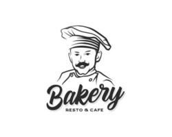 logotipo de panadería. ilustración vectorial dibujada a mano del chef con bigote. plantilla de diseño de logotipo de restaurante y cafetería vector