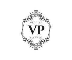 Colección de logotipos de monogramas de boda con letras iniciales vp, plantillas florales y minimalistas modernas dibujadas a mano para tarjetas de invitación, guardar la fecha, identidad elegante para restaurante, boutique, café en vector