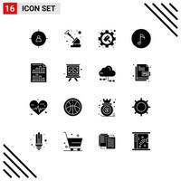 Pack of 16 Modern Solid Glyphs Signs and Symbols for Web Print Media such as page bars gear note key Editable Vector Design Elements