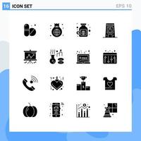 Group of 16 Modern Solid Glyphs Set for chart warning currency signaling floor Editable Vector Design Elements