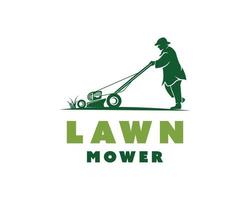 man pushing lawn mower logo. lawn mower landscaping logo design template vector