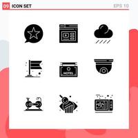 9 User Interface Solid Glyph Pack of modern Signs and Symbols of sign flag website carnival weather Editable Vector Design Elements