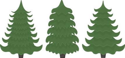 Christmas trees. A set of three Christmas trees of different shapes. Green fir trees. Three pine trees vector illustration on a white background