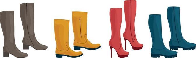 calzado. un conjunto compuesto por zapatos de mujer, de diferentes colores y estilos. Ilustración de vector de botas de tacón alto