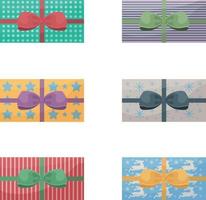 A large set of bright gift packages decorated with colorful bows. Packaging for gifts for New Year, Christmas, birthday, as well as Valentine s Day and other holidays. Vector illustration