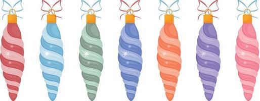 Set of toys-icicles of different colors, for a Christmas tree.Christmas tree toys. A festive New Year s toy. A New Year s accessory. Isolated vector illustrations